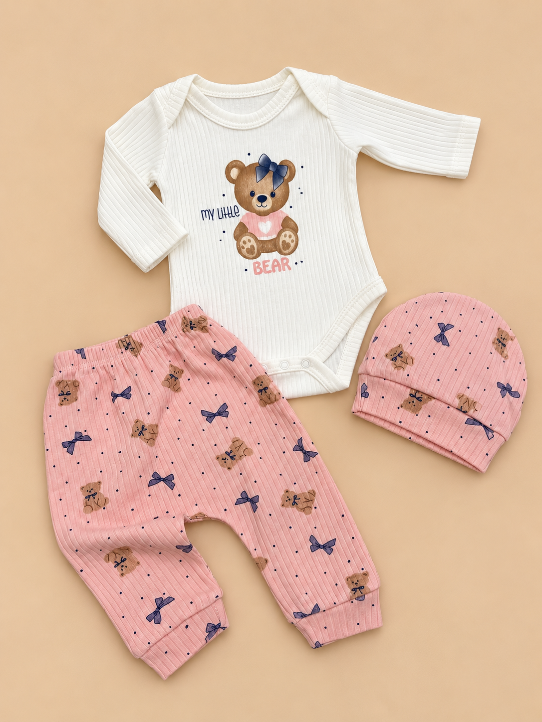 b92ff85f-72d3-4cee-9659-5bd7f77fb8d2 Trodelni pamučni komplet za bebe - meda / puder - Slika 1